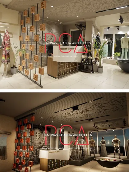 This image shows the transition from the 3D design to the finished reception area, highlighting the accurate execution of the custom screen, desk, and intricate background mural.