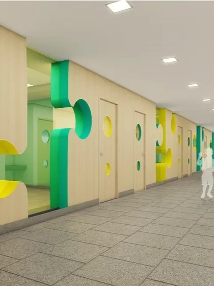 A concept render of the corridors at Amity International School, Mohali. The design features puzzle-piece shaped windows and colorful accents, envisioned as a playful and enriching experience for students.