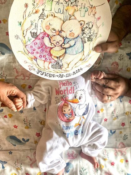 A very personal piece celebrating the arrival of my son, Yuvan. This custom nameplate features a bear family, painted to welcome our newest and most precious family member.