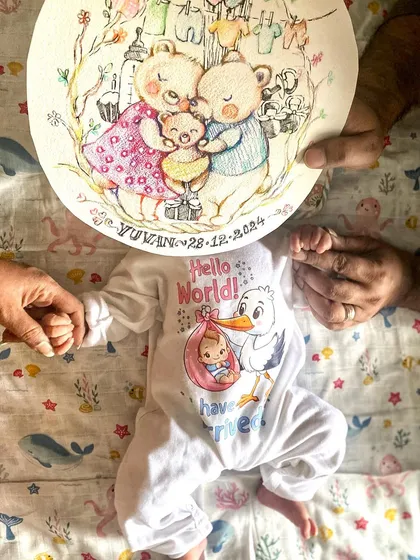 A very personal piece celebrating the arrival of my son, Yuvan. This custom nameplate features a bear family, painted to welcome our newest and most precious family member.