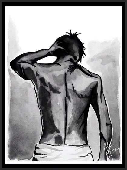 A monochrome watercolor sketch of a man's back. This piece is a study of the human form and an exploration of mood and shadow using only black and grey tones.
