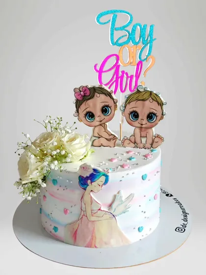 An elegant baby shower cake with a "Boy or Girl?" theme. This cake features a hand-painted pregnant mother and is adorned with fresh flowers for a delicate touch.