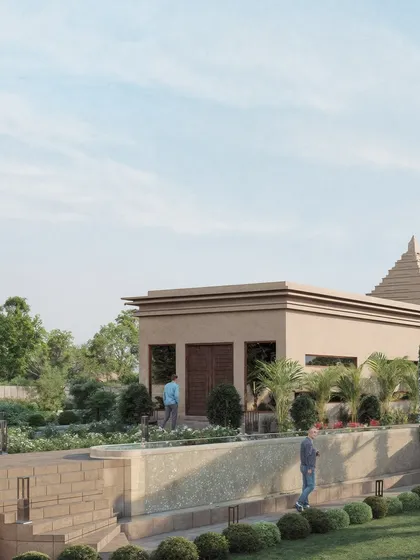 This image shows an ancillary structure within the wellness center complex, possibly a temple or meditation hall. The rendering captures its distinct architectural style and its placement within the tiered, landscaped gardens.