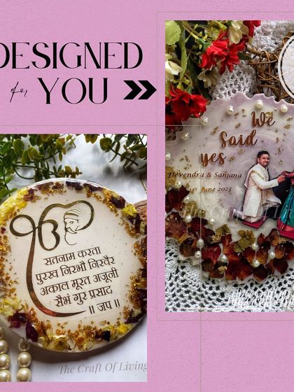 A collage showcasing two different custom designs: a varmala preservation plate and a Gurbani mantra plate, demonstrating the range of my work.