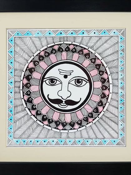 The sun god, Surya, depicted in the Madhubani style, a common mythological theme in this ancient art form.