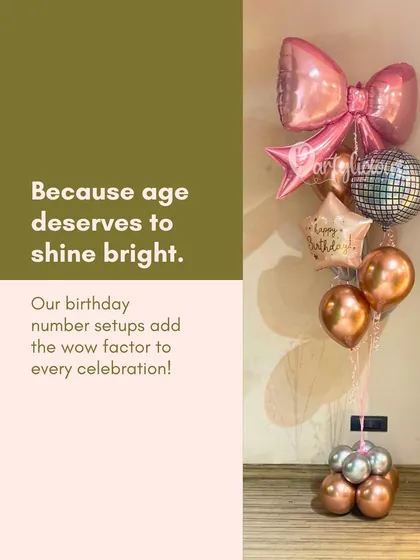 Because age deserves to shine bright. This elegant rose gold bouquet, featuring a disco ball and bow-shaped foil balloons, is a chic way to celebrate any birthday.