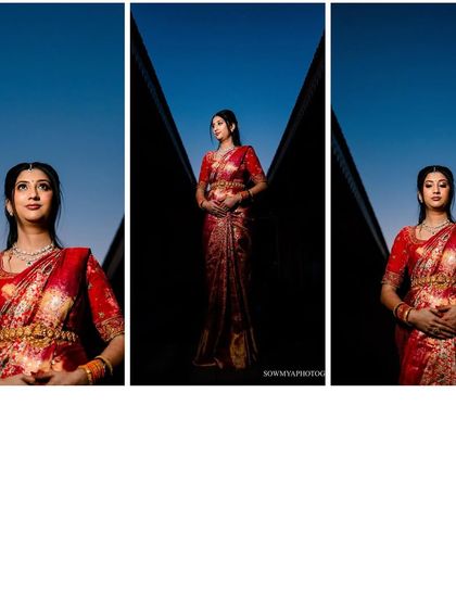 A triptych of a bride in a red saree against a bold blue background, creating a series of powerful and artistic portraits.