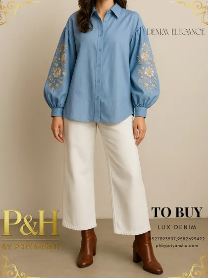 A full-length shot of the blue denim shirt and white jeans, styled with brown boots for a chic, contemporary look.