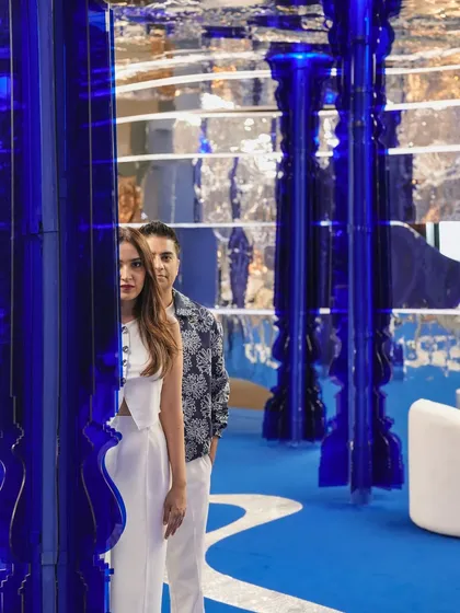 Half seen, fully present. We love playing with perception, using architectural elements like these translucent blue pillars to frame views and create moments of intrigue. It’s about guiding the eye and making the act of looking an experience in itself.
