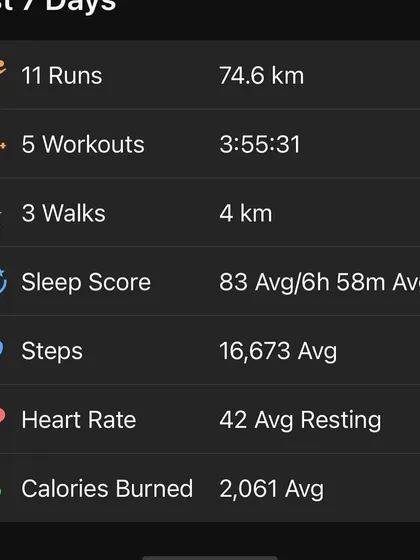 A weekly summary showing a solid 74.6 km of running. Tracking weekly mileage is key to progressive overload and preventing burnout.