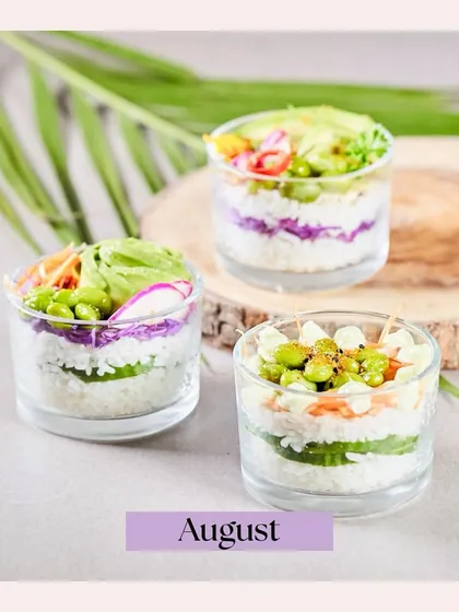 Our deconstructed sushi cups from an August event. This image showcases an innovative and modern way to enjoy sushi, perfect for mingling at parties.