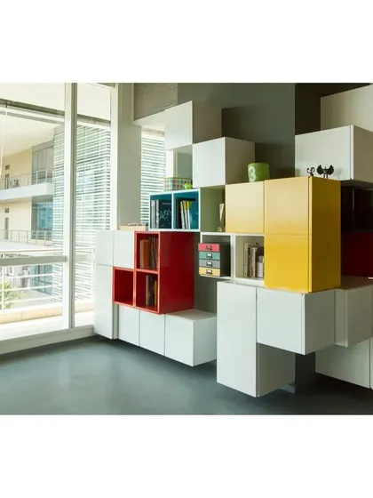 For a digital agency, we had some fun with the idea of 'pixels'. This storage unit isn't just for storing things; it's a playful, three-dimensional feature that brings the company's 8-bit theme to life, wrapping around the building's columns.