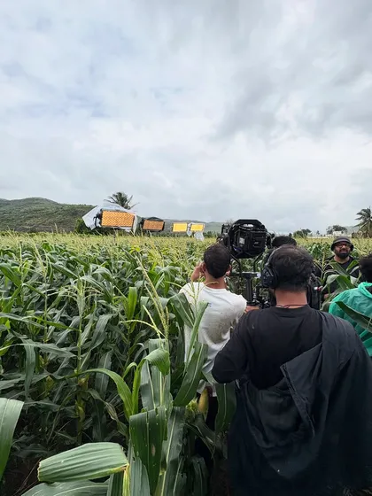 The crew setting up a shot in a cornfield with our Nanlux and ARRI lighting package. We provide the gear and the expertise to light any location.