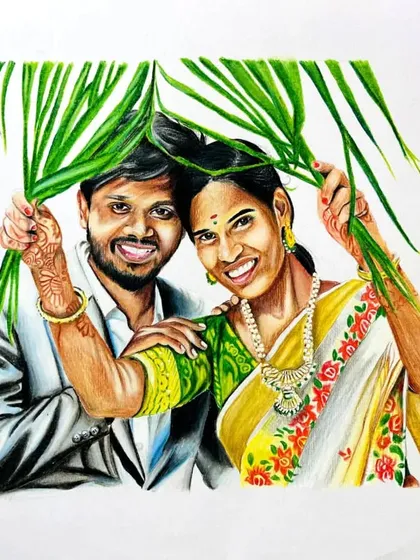 A cheerful couple portrait, where I focused on the bright colors of their outfits and the natural joy in their smiles. This piece was created using professional color pencils on 200gsm paper.