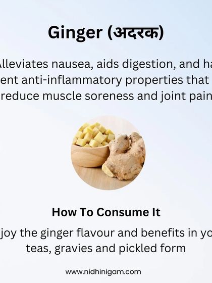 Ginger (Adrak) is a potent functional food that alleviates nausea, aids digestion, and has powerful anti-inflammatory properties that may reduce muscle soreness and joint pain. Enjoy it in teas, gravies, or even pickled.