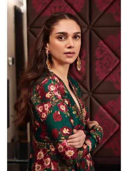 A final look at the green floral sharara set, perfect for anyone wanting to rent a designer outfit that is both bold and beautiful.