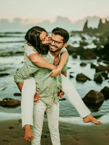 A playful piggyback ride on the shores of Goa, filled with laughter and genuine connection. Our goal is to make you feel comfortable, so your true personalities shine through.