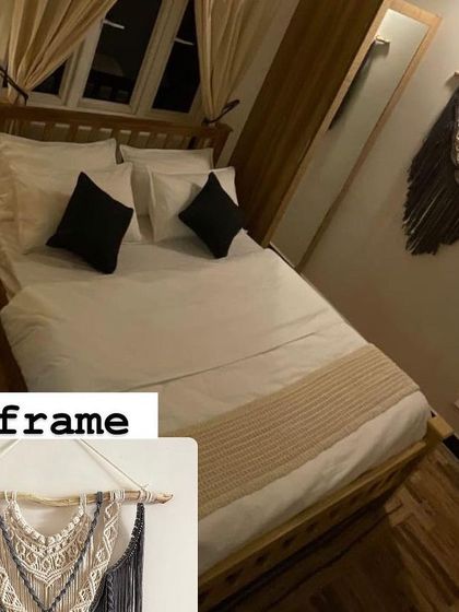 It's so wonderful to see my creations in their new homes! This grey and white macrame tapestry looks perfect in this cozy and modern bedroom.