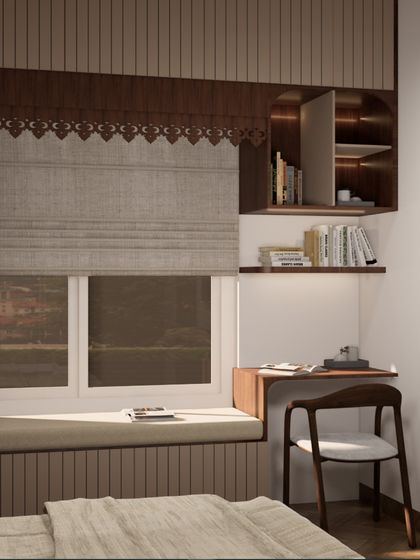 A render of the cozy study corner, showing how the design combines a window seat, a compact desk, and built-in shelving with intricate wooden details.