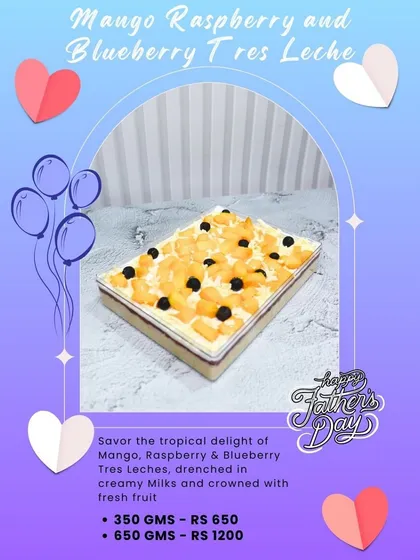 A bright and refreshing option for Father's Day, our Mango Raspberry and Blueberry Tres Leche. This light and airy cake is soaked in three types of milk and topped with fresh, juicy fruit.
