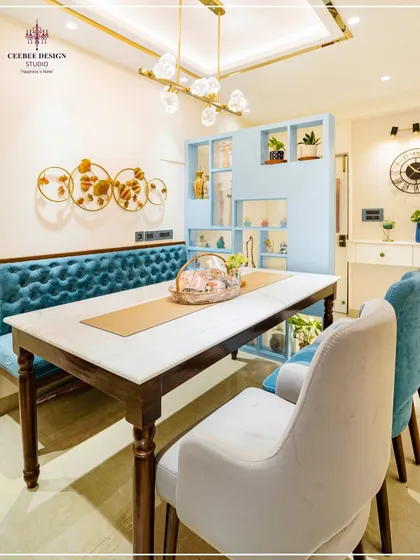 Another view of the dining area from image 102, highlighting the combination of bench and chair seating.