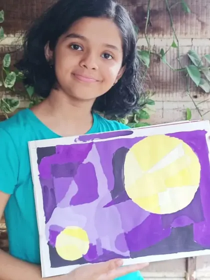 Pranvi from 5th standard shows her 2D design made with poster colours. Her work explores the relationship between a purple background and yellow circular forms.