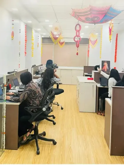 A festive atmosphere at work! This image shows how our traditional hanging decorations and garlands transformed this office space for Diwali, bringing joy to the employees.