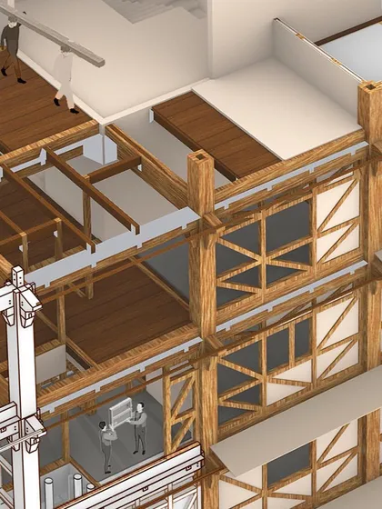 This cutaway view shows the interior spaces within the timber structure. It helps visualize how partitions and floors are integrated, creating functional living areas within the engineered frame.