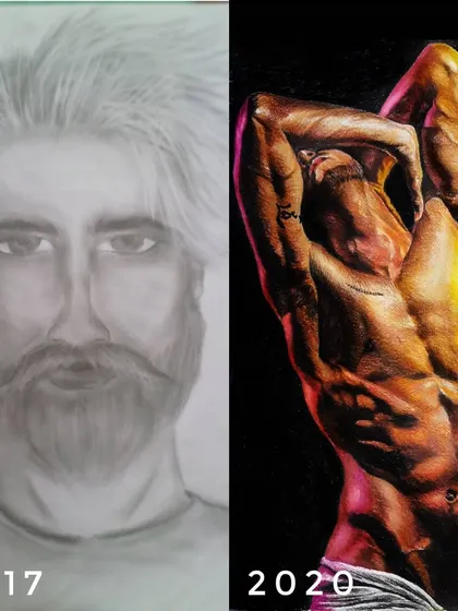 A comparison of my work from 2017 to 2020. It shows the progress I have made in skill and technique, moving from a simple pencil sketch to a hyper-realistic color artwork.