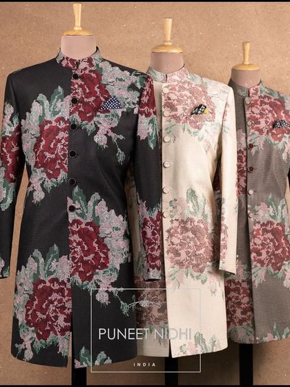 My latest collection of vintage rose achkans, embellished with thread work. The colors, from black to ivory and grey, are perfect for any festivity.