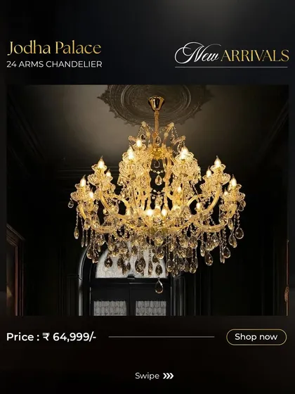 This 24-Arms Jodha Palace Chandelier is a perfect example of the collection's grandeur. The multi-tiered design and abundance of crystals create a dazzling display of light and luxury.