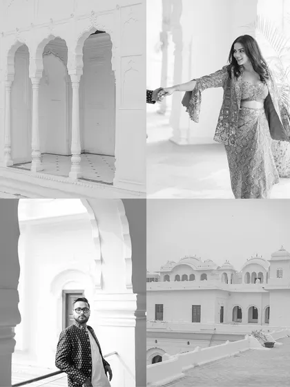A collage of black and white portraits from a heritage palace shoot, showcasing the couple's elegant style.