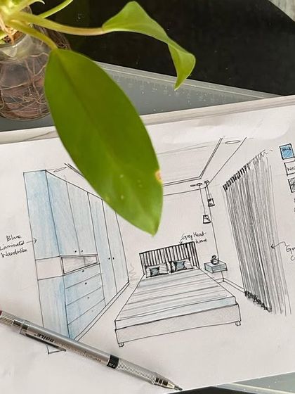 A concept sketch for a guest bedroom, showing the initial vision for the color scheme, furniture layout, and material choices.