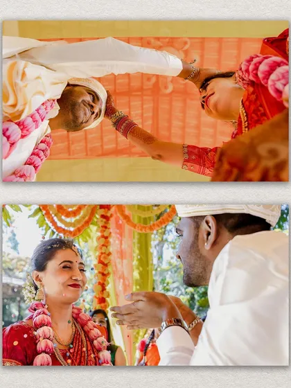 A collage of two key moments from the wedding ceremony, capturing the rituals and the couple's interaction from a unique low angle.
