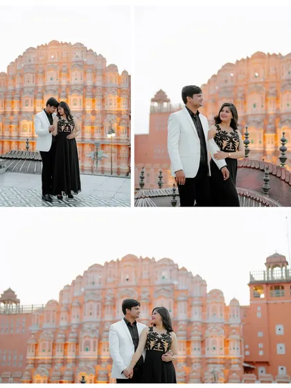 A stylish pre-wedding shoot at Hawa Mahal. The couple's modern black and white outfits create a chic contrast against the pink sandstone of the Palace of Winds.