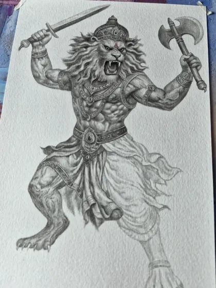 A fierce and powerful sketch of Mahavatar Narsimha. I use detailed shading to capture the muscular form and intense energy of the deity.