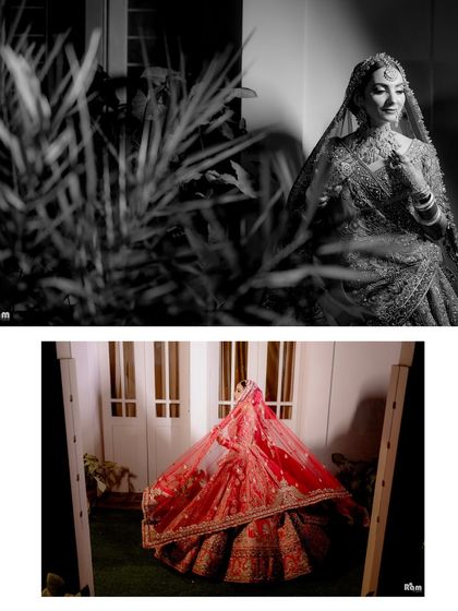 A creative diptych featuring a black and white portrait of the bride and a colorful shot of her twirling, her red veil creating a beautiful circular shape.
