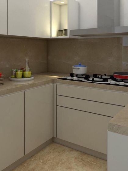 This image shows the main cooking area of the compact kitchen, with a neutral color palette and clean lines. The under-cabinet lighting provides excellent task lighting for the countertop.