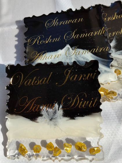 A close up of the black and white family name magnets.