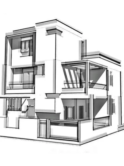 A final perspective sketch in the conceptual series for the Mysore bungalow. This view solidifies the primary design direction, showing how different volumes interlock to create private and open spaces within the compact urban plot.