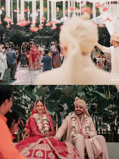 Two scenes from an intimate morning wedding. The top photo shows the groom's anticipation, while the bottom captures the couple seated at the mandap, surrounded by loved ones.