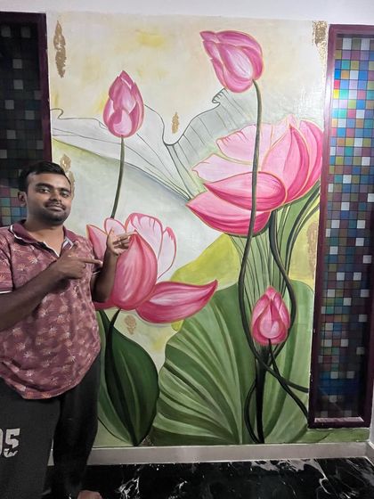 This large-scale lotus painting is accented with small gold leaf details. Beautifying walls is a different level of satisfaction, and this piece brings a sense of peace and divinity to the space.