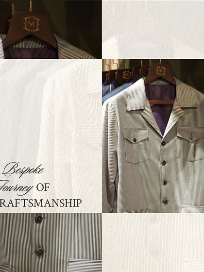 A bespoke journey of craftsmanship. This collage highlights the texture and detail of our striped shackets, showcasing our blend of heritage and minimalism.