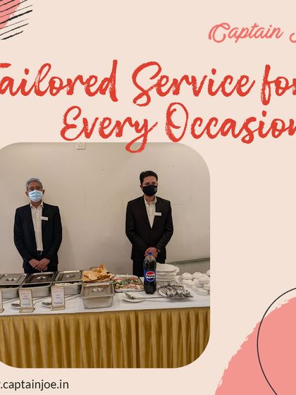 Our team provides tailored service for every occasion. Two of our masked servers stand ready behind a neatly arranged buffet table, showcasing our commitment to safety and professionalism.
