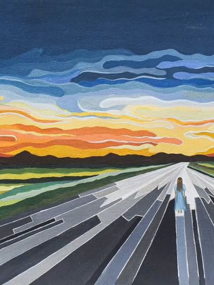 I call this painting "ROAD TO INFINITY." The abstract perspective and vibrant sunset colors create a feeling of journeying toward an endless horizon. It’s an 8x15 inch acrylic on canvas, available for purchase.