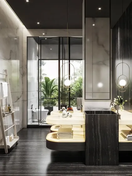 This bathroom design brings the outdoors in with a floor-to-ceiling glass wall that opens to a private garden. Our renders focus on the seamless transition between the interior and exterior, and the interplay of natural and artificial light on the marble surfaces.