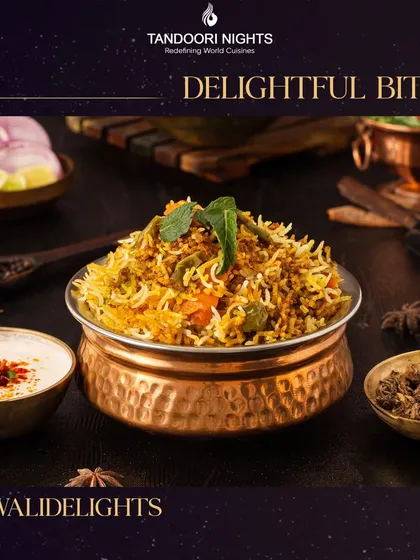 Make your Diwali a feast to remember with delightful bites like our aromatic vegetable biryani, served in a traditional copper pot.