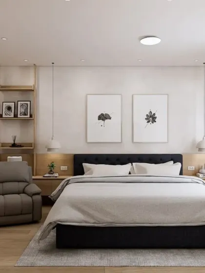 A minimalist bedroom design with a focus on functionality. The light wood headboard extends to include a built-in side table and a sleek vanity area, maximizing space and style.