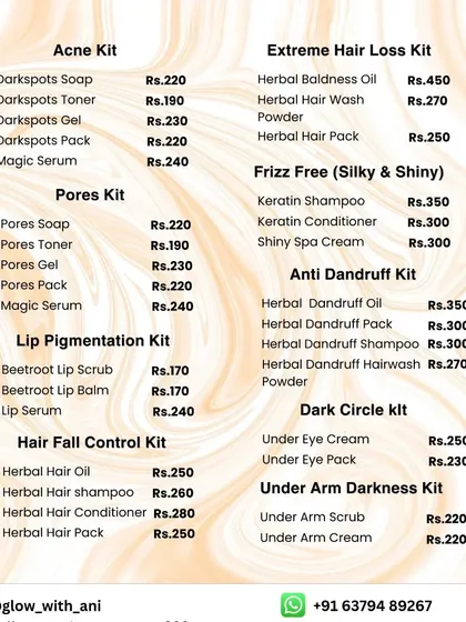 A duplicate of the menu showing kits for hair and specific skin issues.