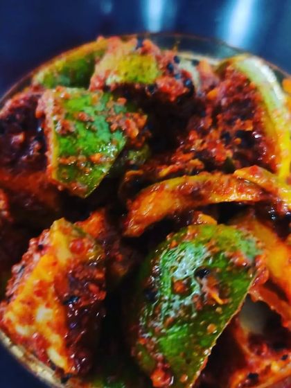 A top-down view of my mango pickle, showing the rich texture and colour. This is the result of using quality ingredients and a traditional recipe.